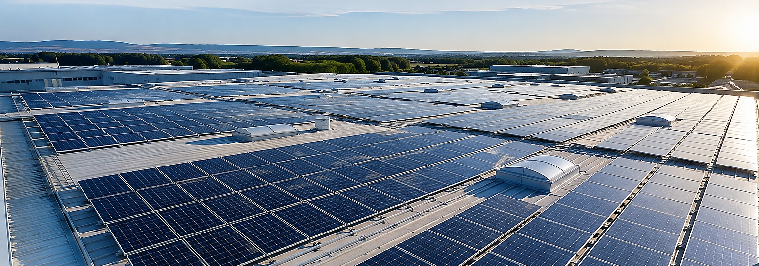 Beispielhafte Flachdach-Photovoltaikanlage auf einer Gewerbehalle